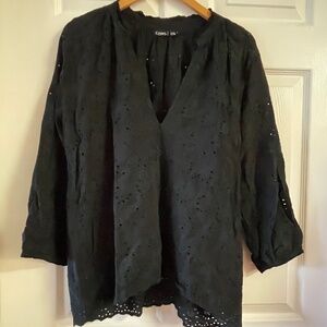 Gypsy Global Village Boho Hippie Shirt Eyelet Blouse Black Long Sleeves SZ S